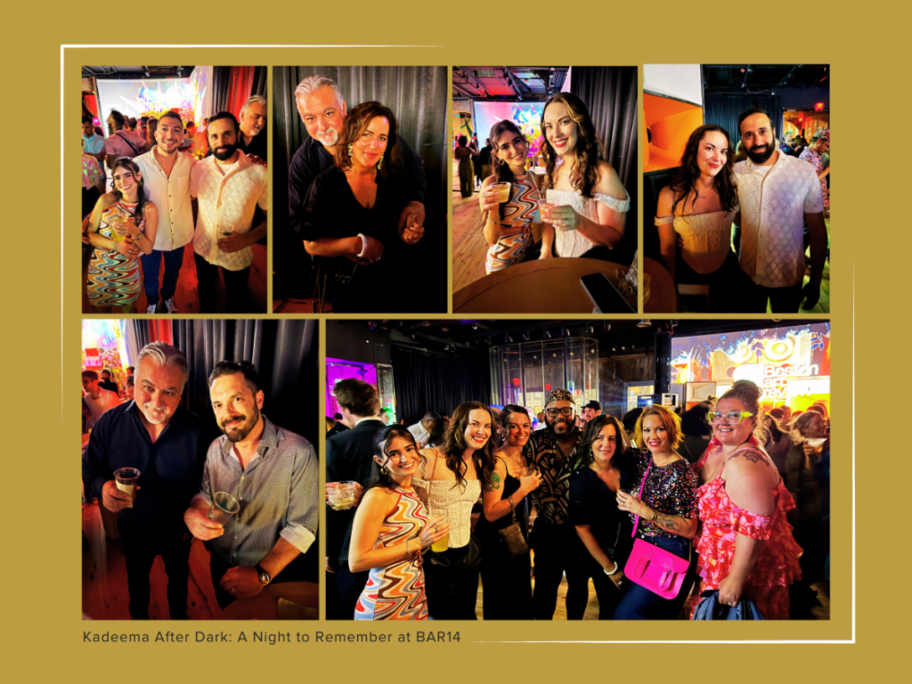 Kadeema Rentals team members Kristen Bender-Daaboul, Nancy Audy, and Katie Ntasios celebrating the Boston Art Review Issue 14 launch party with their husbands and friends, including Mia of Stay Gold and her husband Rich, captured enjoying cocktails, conversation, and community in a vibrant creative atmosphere at Quincy Market.