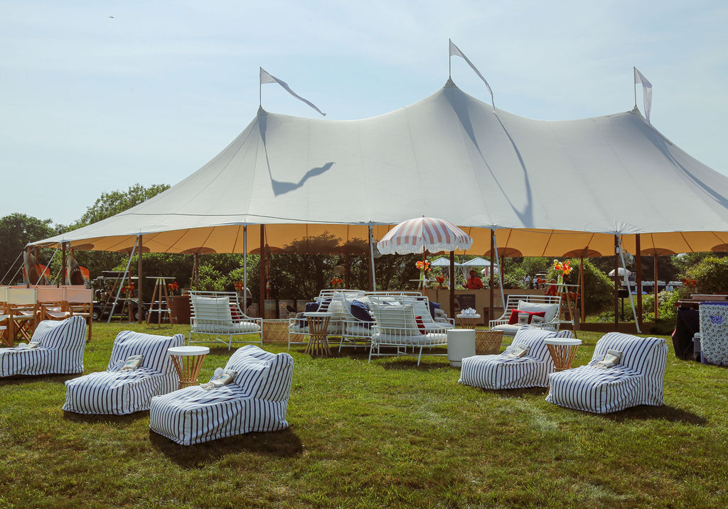 Curated seating arrangement for guests at the JAWS 50th anniversary screening, featuring neutral lounge furniture by Kadeema Rentals.