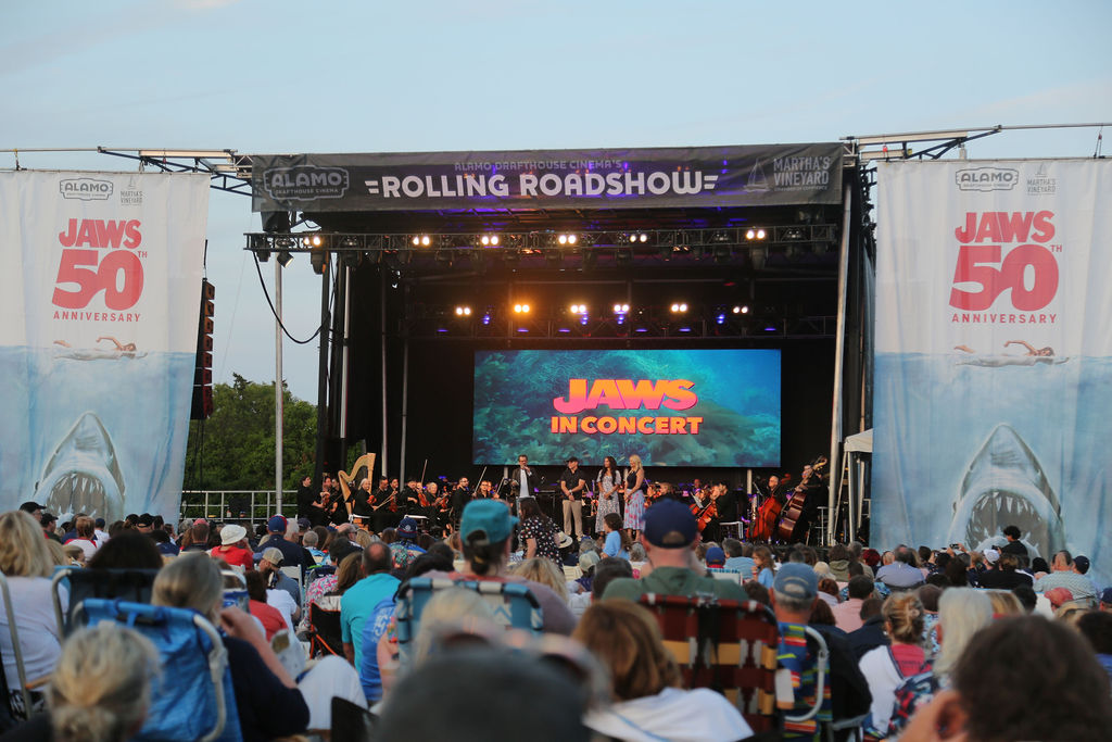 JAWS 50th anniversary outdoor screening with live orchestra and large-scale audience seating at the Winnetu Oceanside Resort on Martha’s Vineyard.