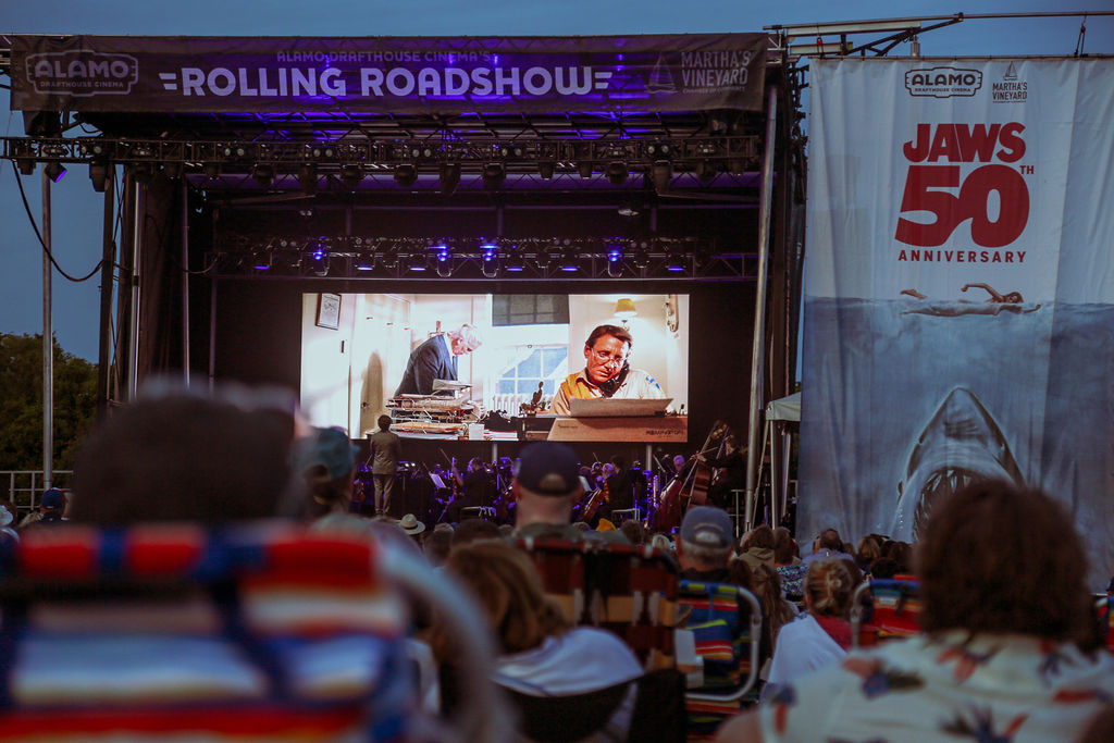 Event lounge layout designed for guest flow and comfort during the JAWS anniversary screening on Martha’s Vineyard.