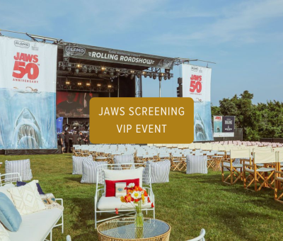 Outdoor screening and VIP lounge seating for the JAWS 50th anniversary event at the Winnetu Oceanside Resort on Martha’s Vineyard.